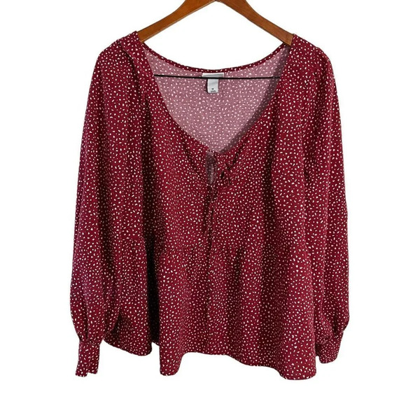 Ava & Viv Blouse Size 1X Red and White Dalmatian Spotted Peplum Ties Long Sleeve - Picture 1 of 6